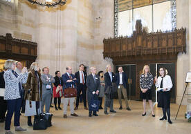 Visitors to the Hanke Exhibition Gallery at Sterling Memorial Library, photo by Judy Sirota Rosenthal